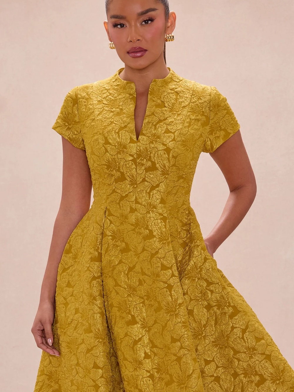 Gold/Mustard Jacquard Fit & Flare Midi Dress